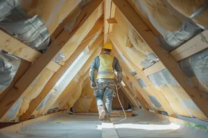 Photo d'un ouvrier effectuant des travaux d'isolation de rampants sous-toiture
