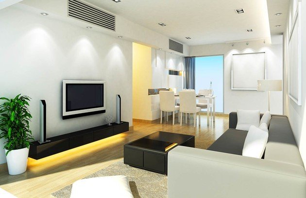 Intérieur moderne avec climatisation gainable discrète et silencieuse.