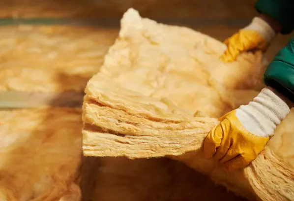 Photo d'un ouvrier installant l'isolant pour isoler le plancher bas d'une maison.