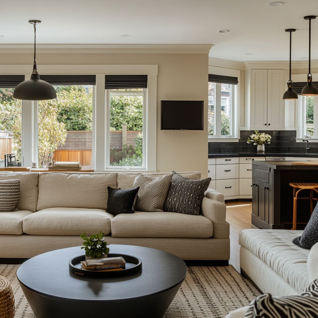 Salon moderne avec couleurs équilibrées et touches contrastées