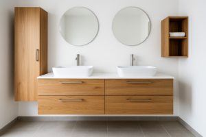 salle de bain blanche avec meubles de salle de bain en bois