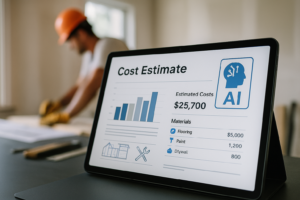 Tablette affichant un devis de travaux généré par intelligence artificielle, avec graphiques et estimation des coûts, sur un chantier avec artisan en arrière-plan.