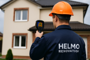 ouvrier devant une maison réalisant un audit énergétique