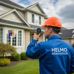 ouvrier devant une maison réalisant un audit énergétique