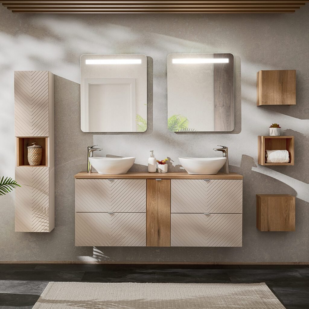 Meuble lavabo salle de bain style bois 2 vasques en bois naturel