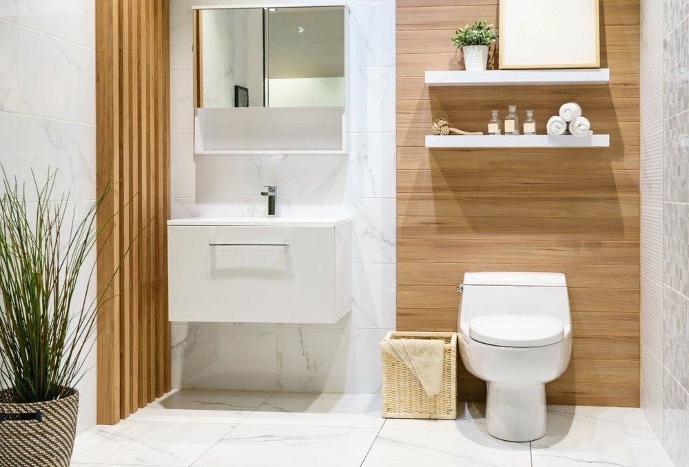 Meubles salle de bain bois et blanc au design contemporain