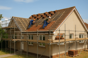 photo d'ouvrier participant à la rénovation d'une toiture de l'extérieur