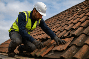 ouvrier sur un toit inspectant des tuiles abîmées