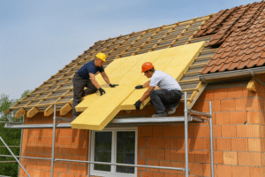 Une maison en rénovation avec des couvreurs posant des panneaux isolants sous la toiture.