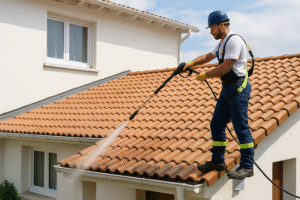 artisan sur un toit nettoyant la toiture avec un tuyau d'arrosage