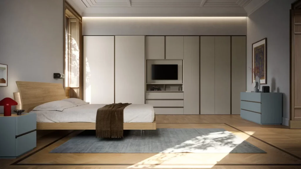 rénovation appartement chambre moderne avec rangements intégrés et couleurs apaisantes