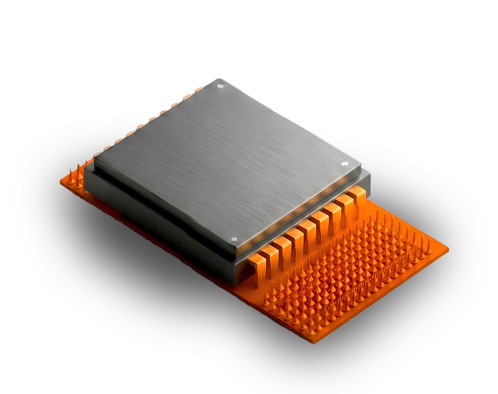 Puce électronique orange et grise symbolisant l'analyse intelligente des données de rénovation