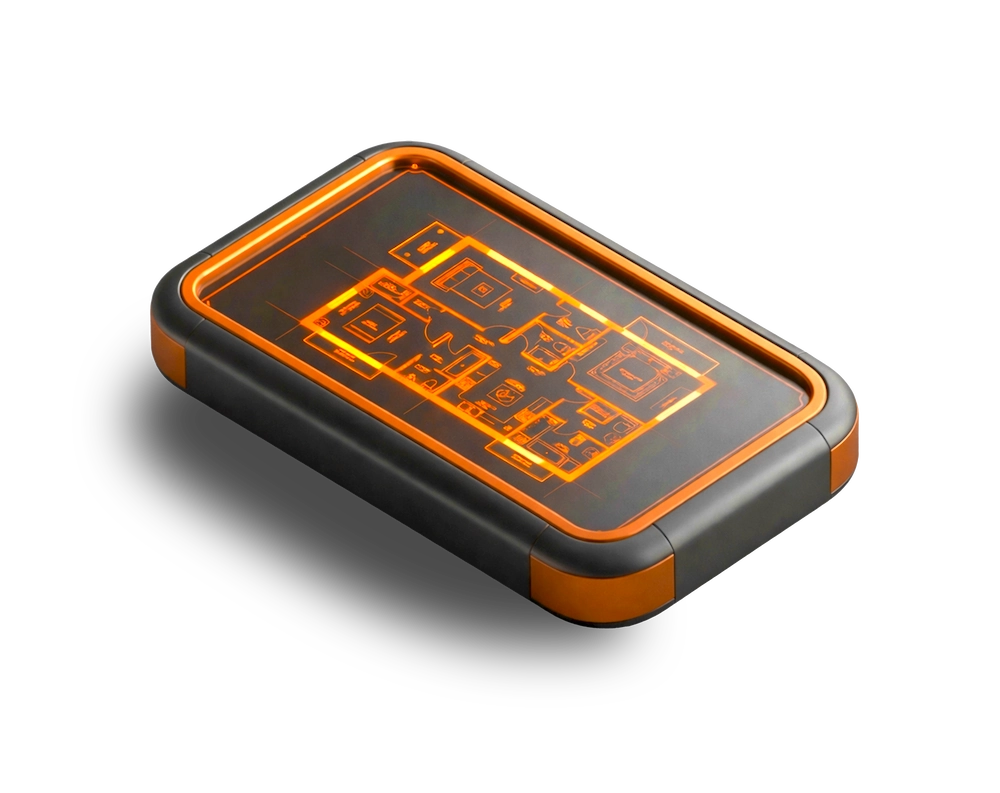 Tablette tech affichant un plan de chantier lumineux orange, illustrant la planification numérique du projet