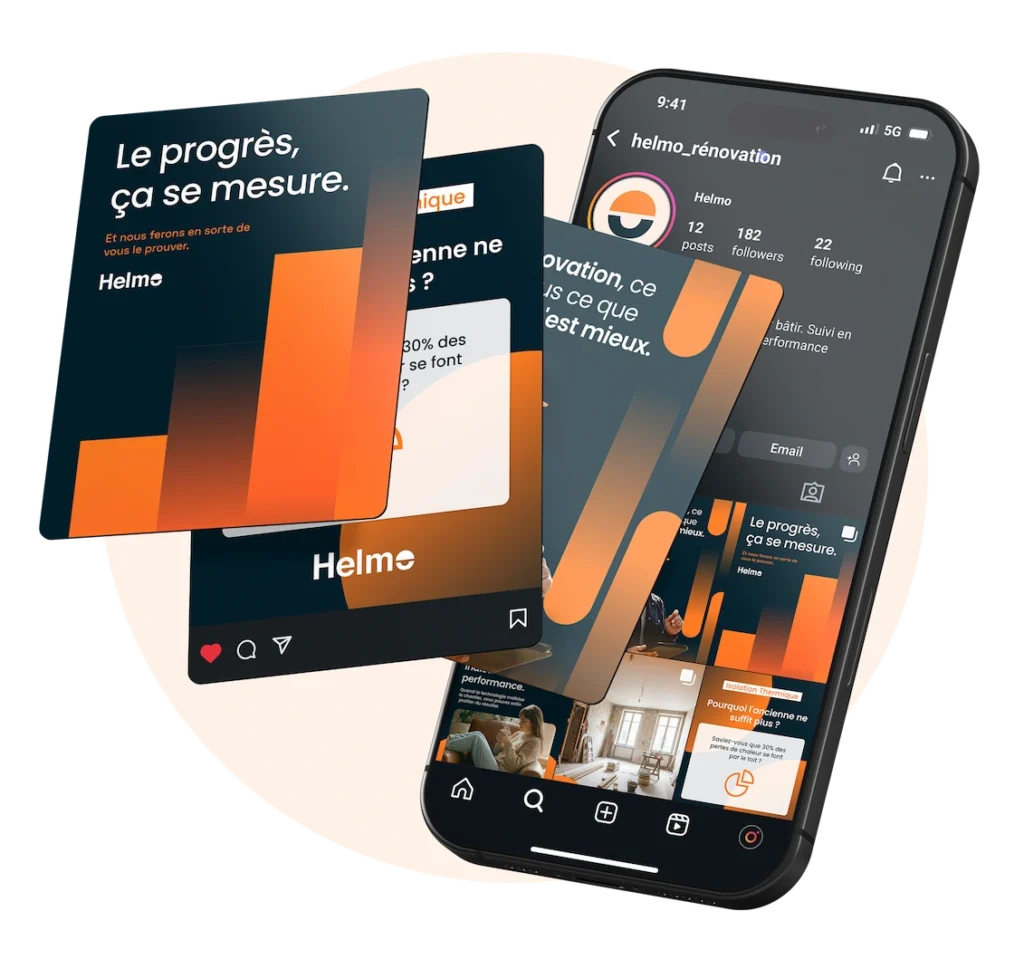 Mise en avant des réseaux sociaux Helmo avec un smartphone et des cartes visuelles sur le progrès de la rénovation énergétique.