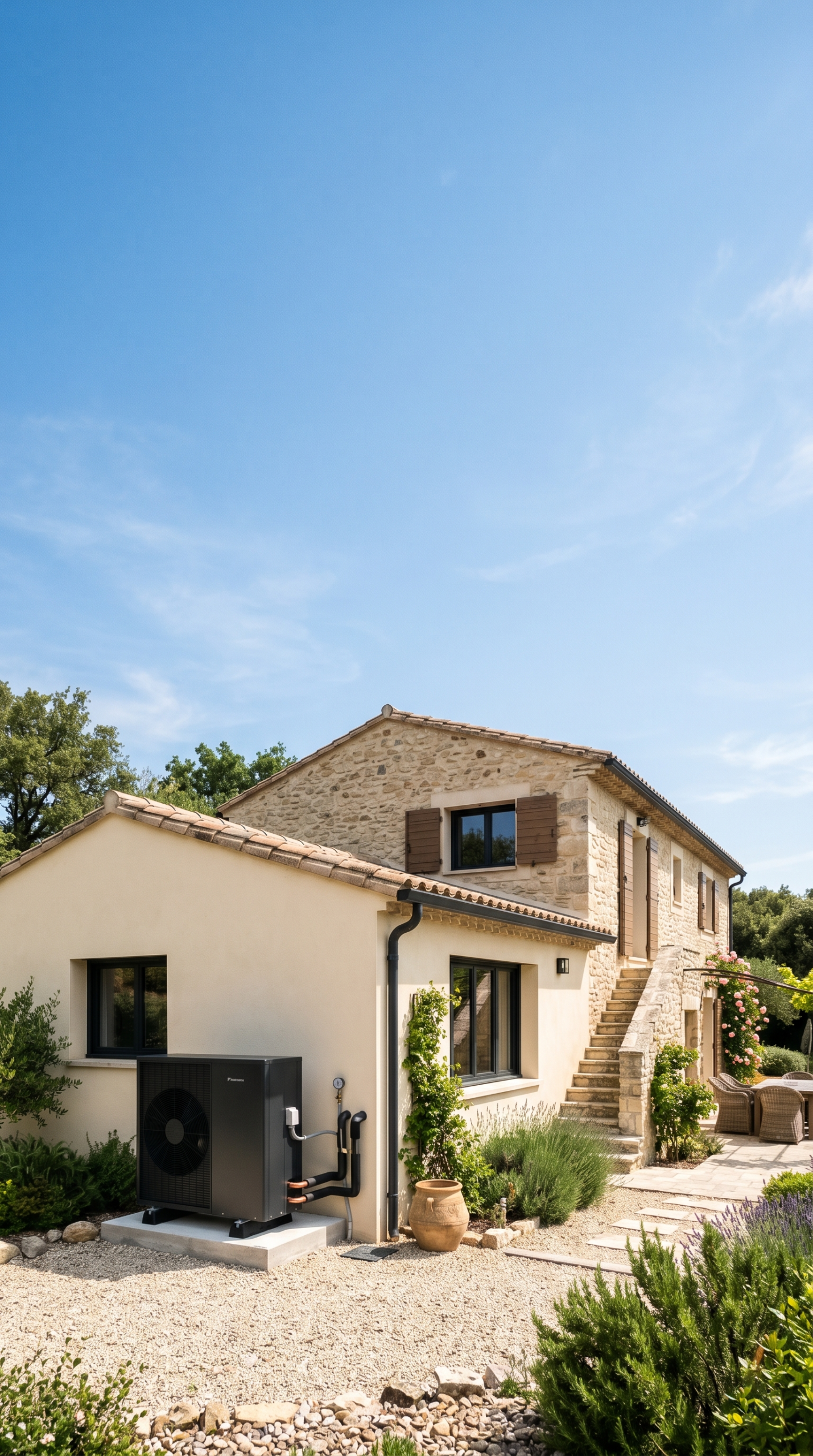 Installation d'une pompe à chaleur air-eau dans une maison en pierre avec jardin méditerranéen