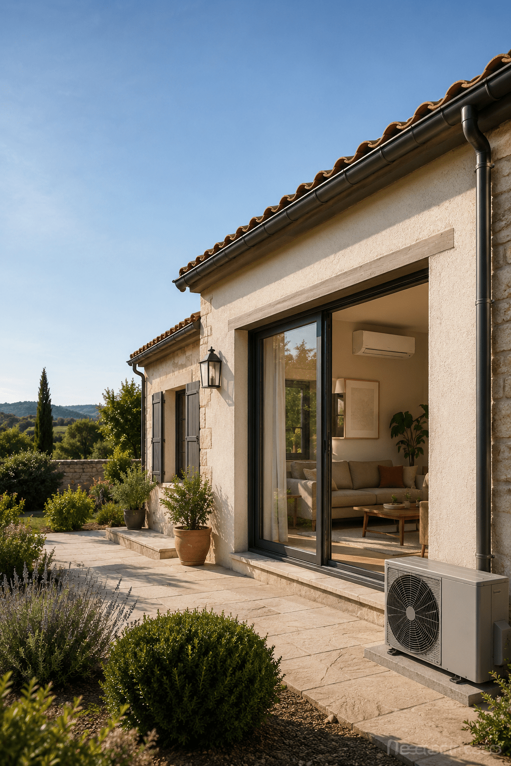 Pompe à chaleur air-eau installée sur la terrasse d'une maison provençale