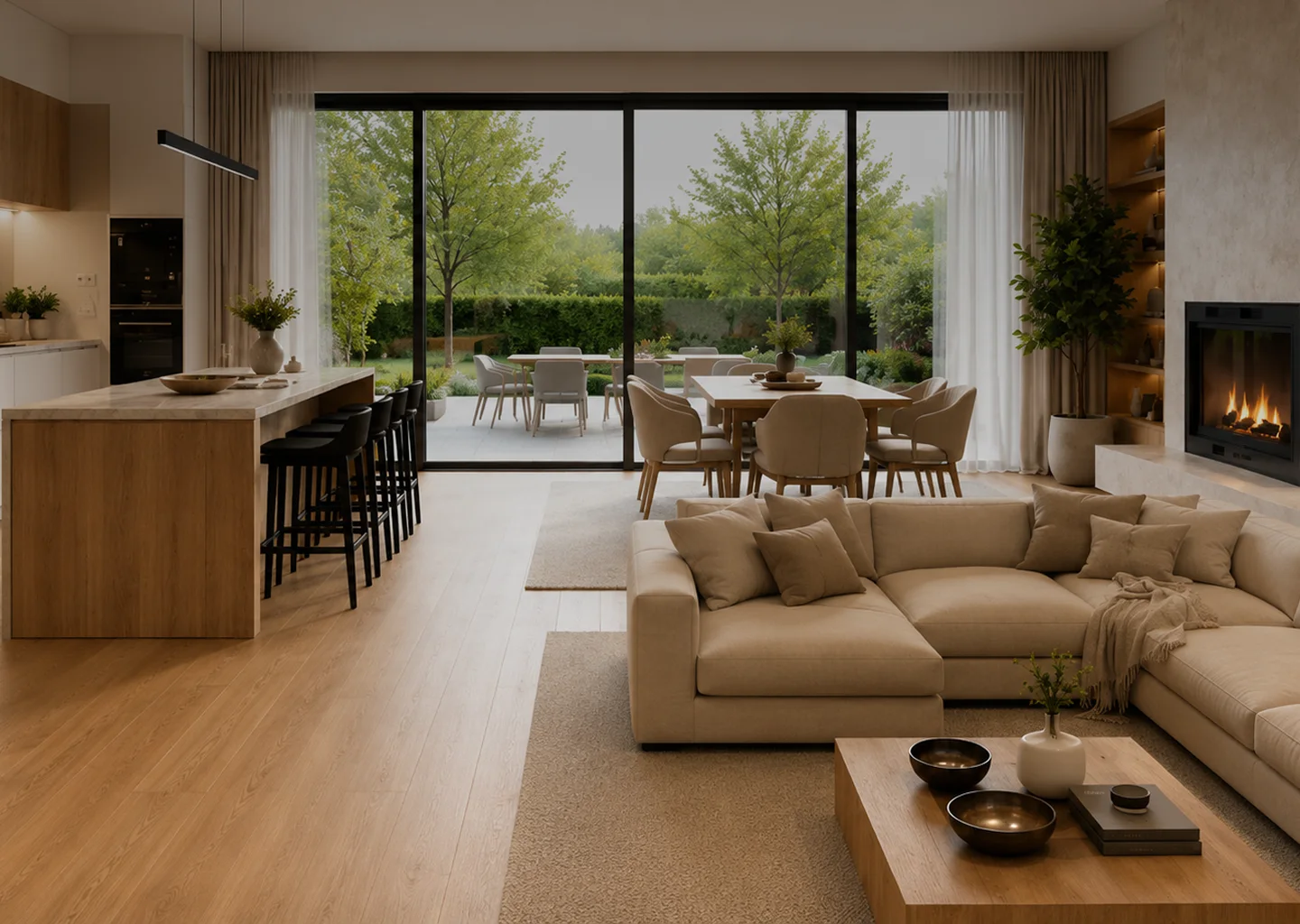 Salon moderne avec baie vitrée et cuisine ouverte