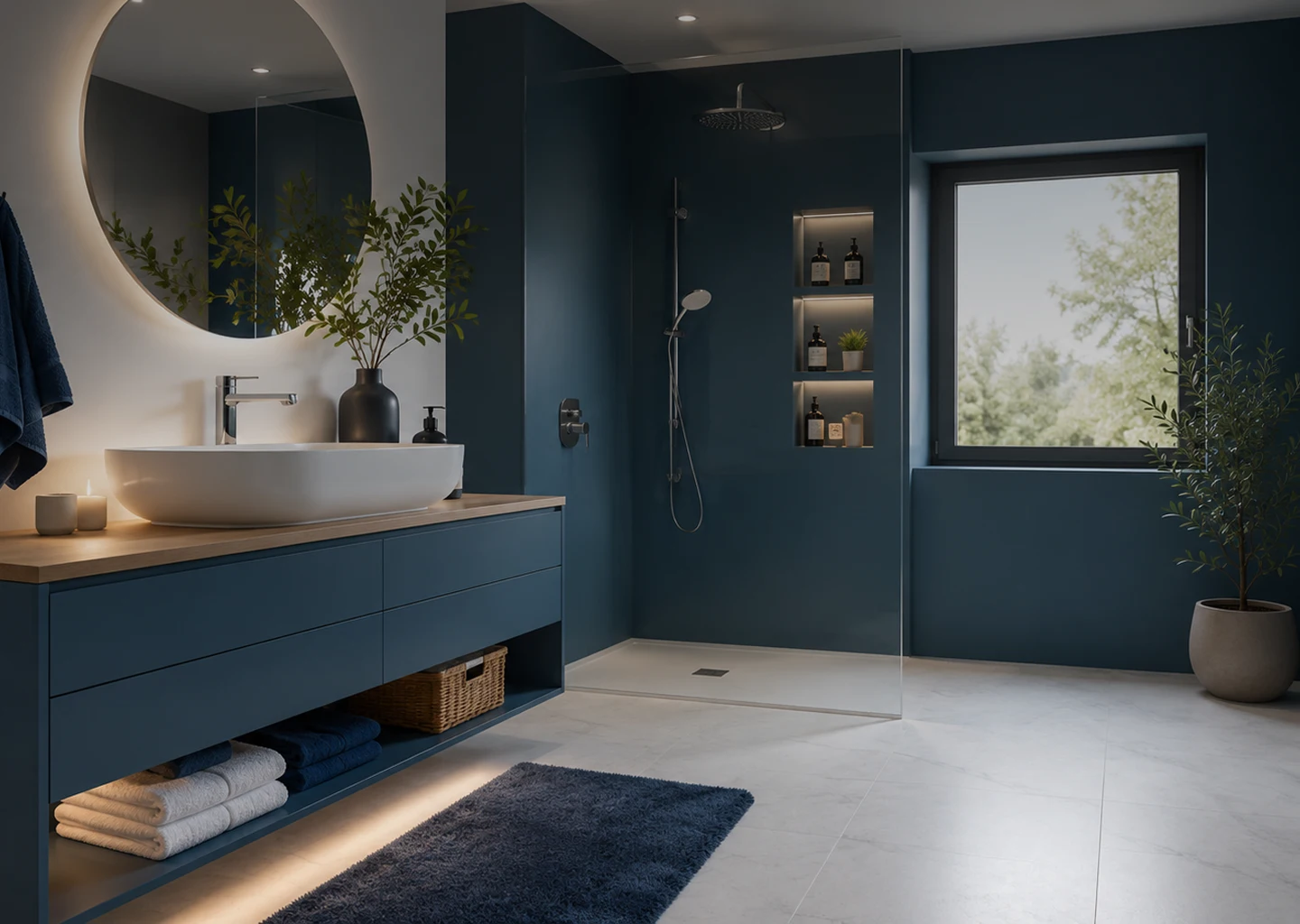 Salle de bain rénové en bleu