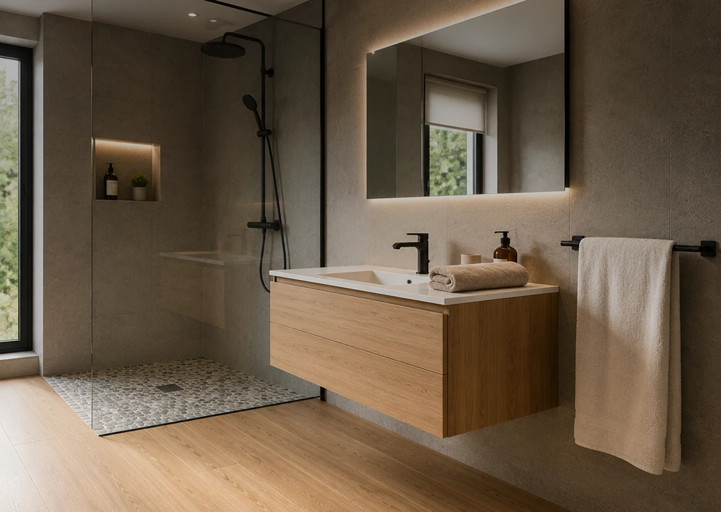 Salle de bain claire avec une douche à l'italienne