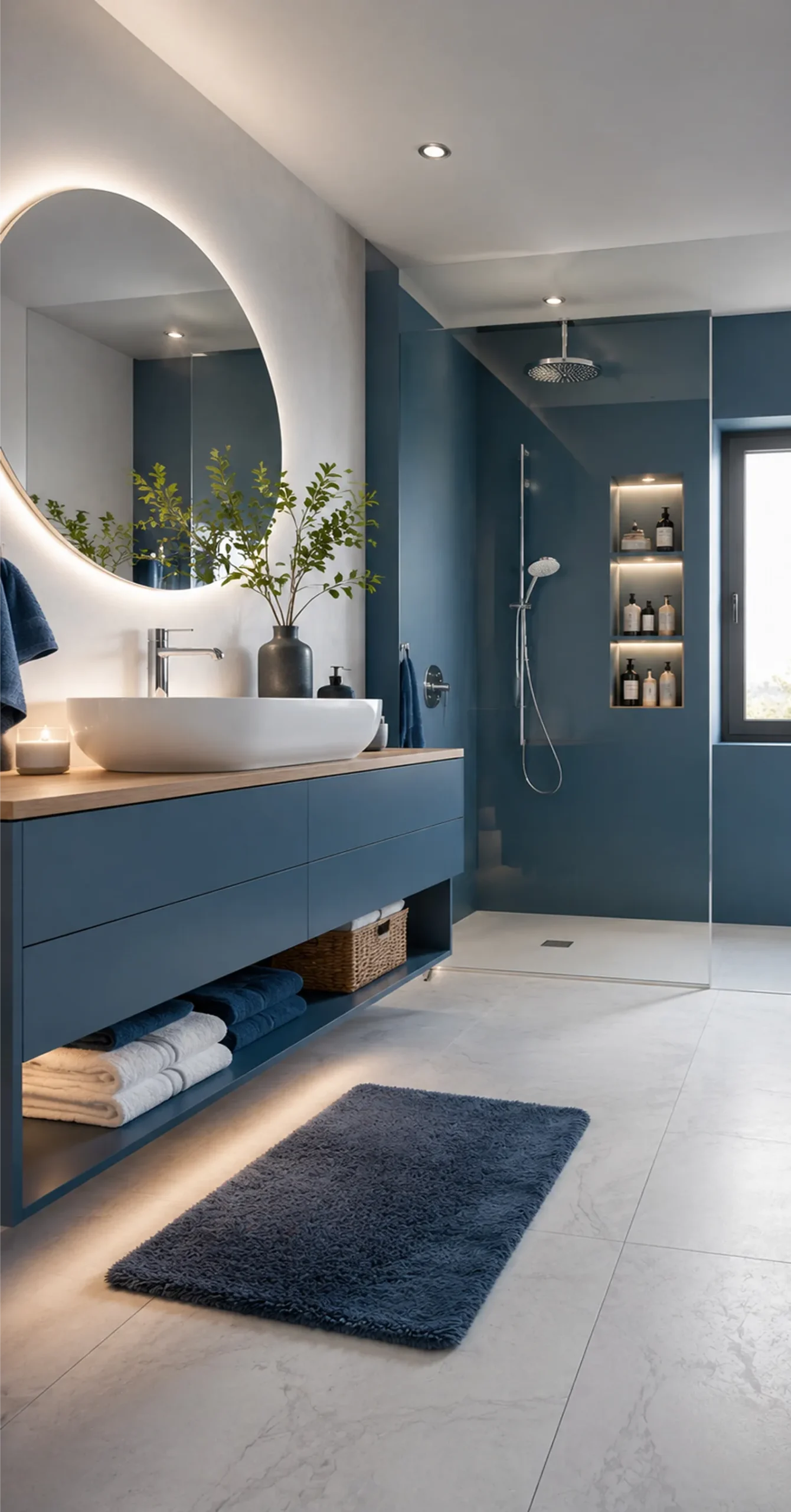 Salle de bain rénovée en bleu