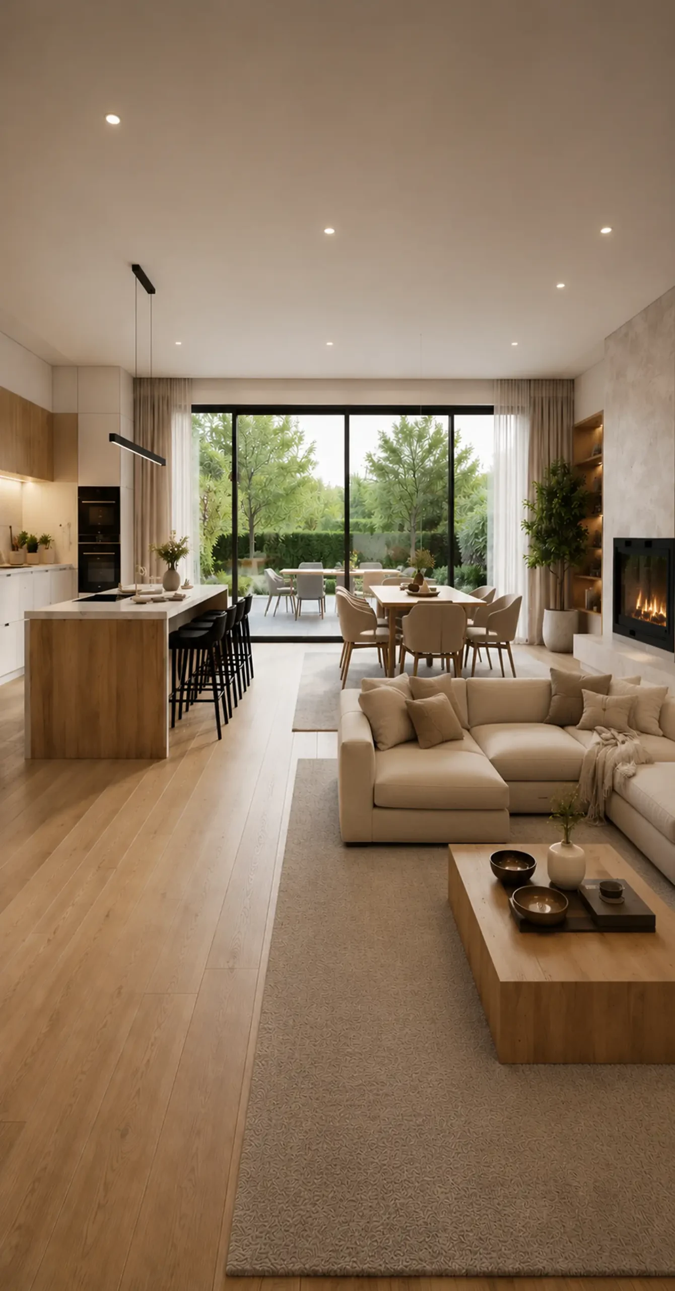 salon moderne avec baie vitrée et cuisine ouverte