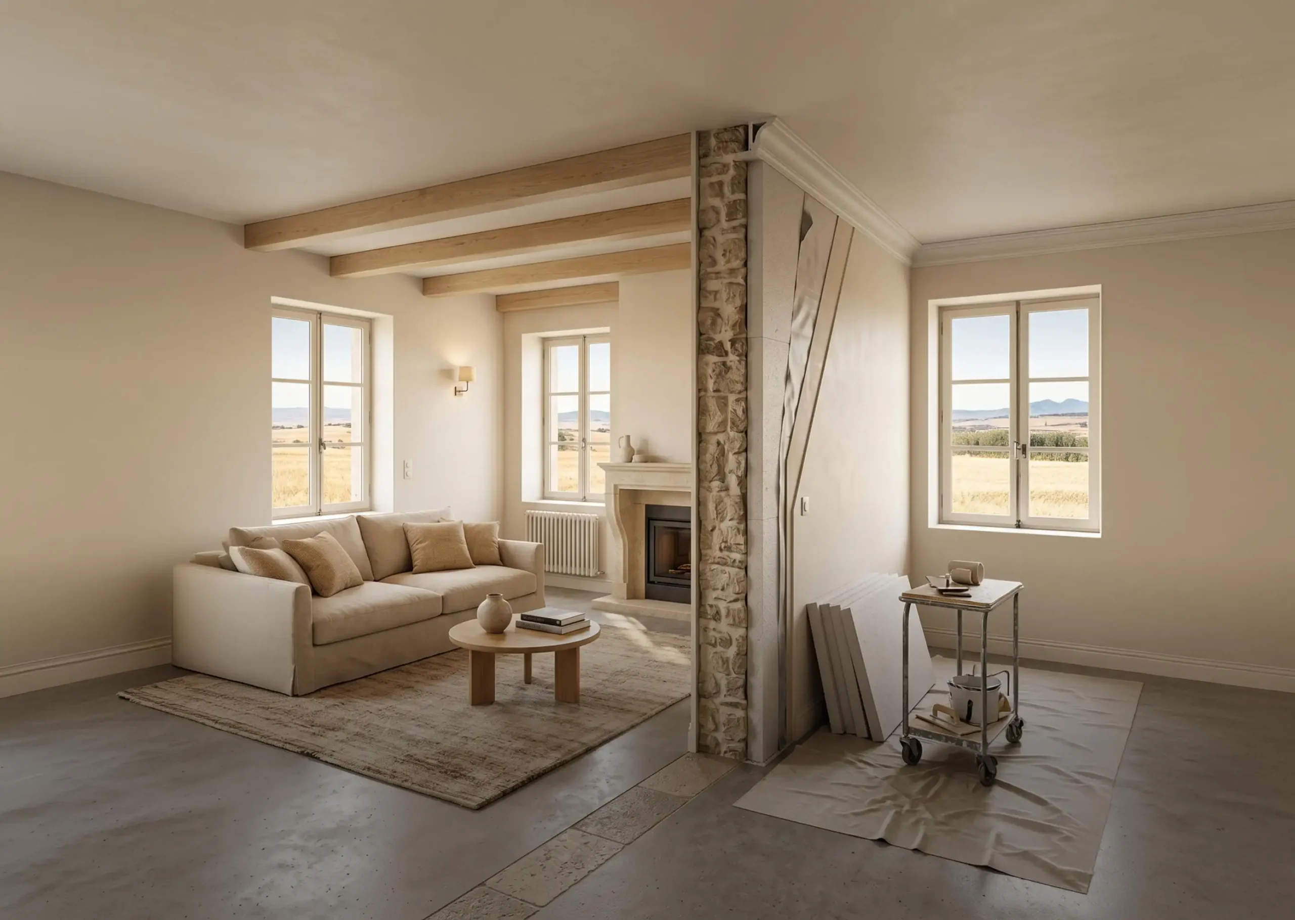 Chantier d'isolation thermique par l'intérieur ITI dans un salon pour la rénovation énergétique