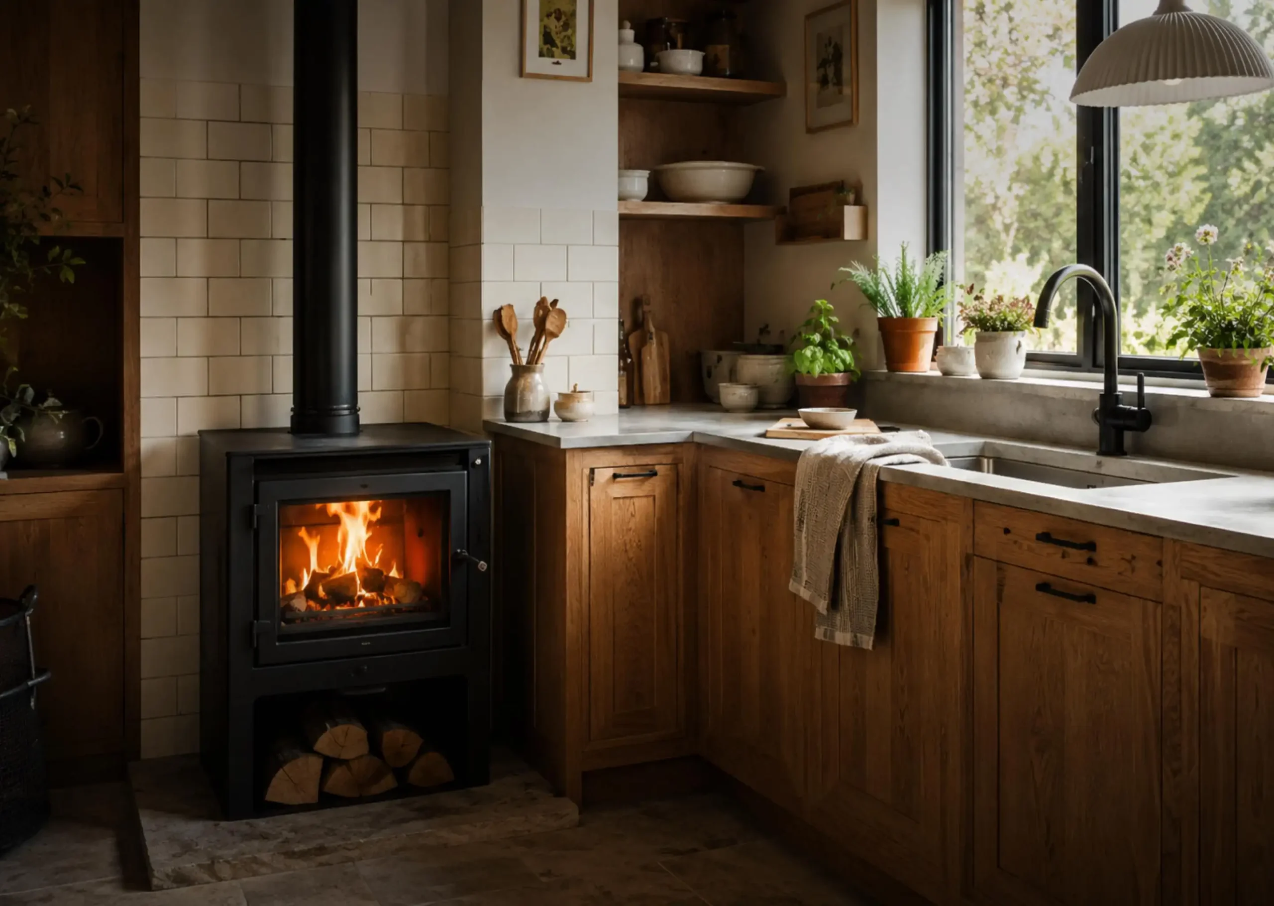 Chaudière à bois performante intégrée dans une cuisine moderne