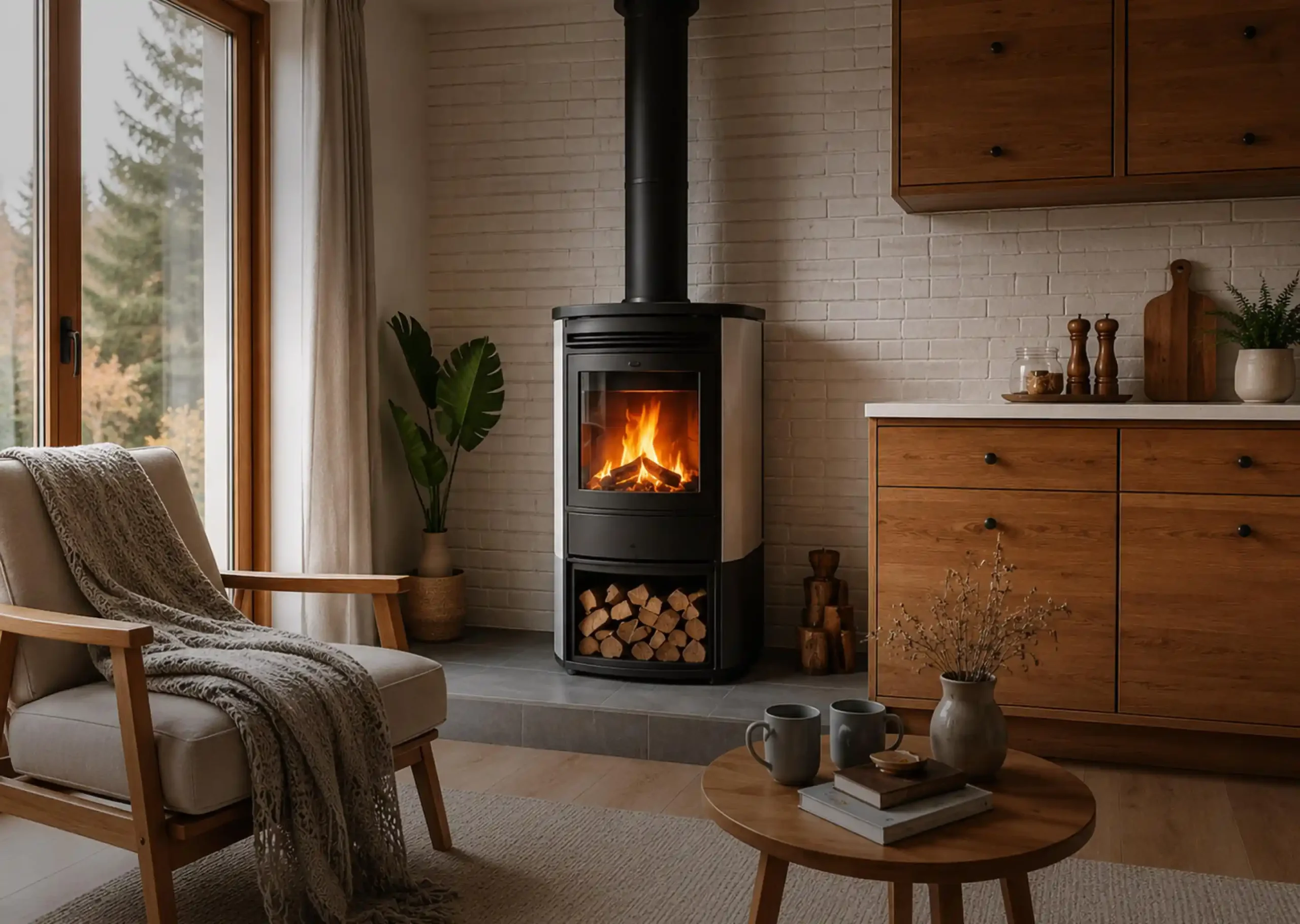 Installation soignée d'une chaudière à bois dans un salon
