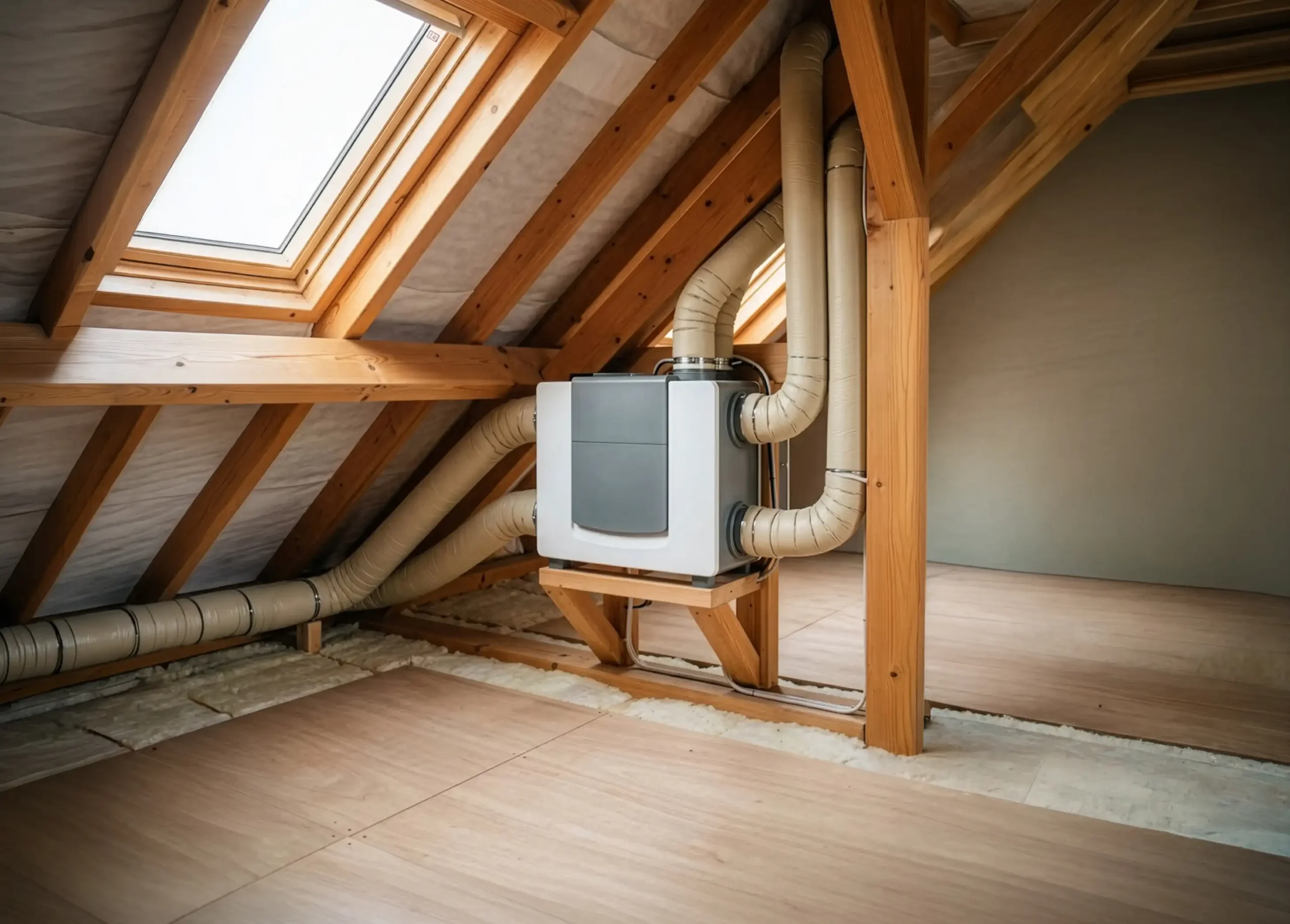Centrale de ventilation VMC double flux installée dans les combles