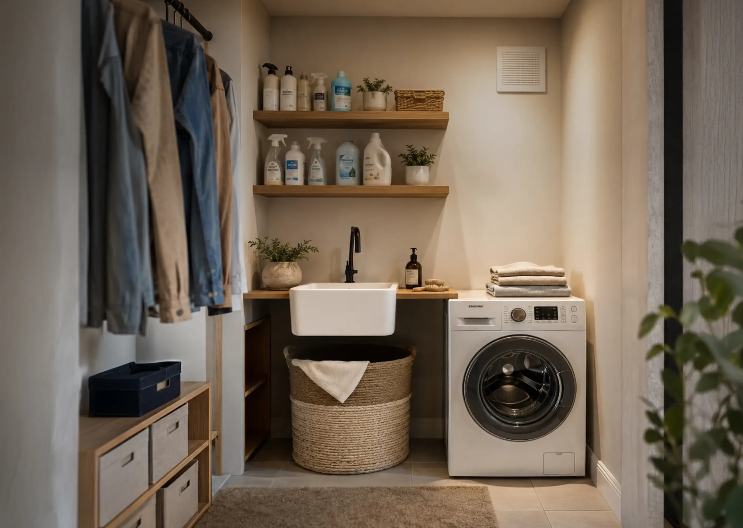 Installation de lave-linge en buanderie rénovée pour l'optimisation énergétique