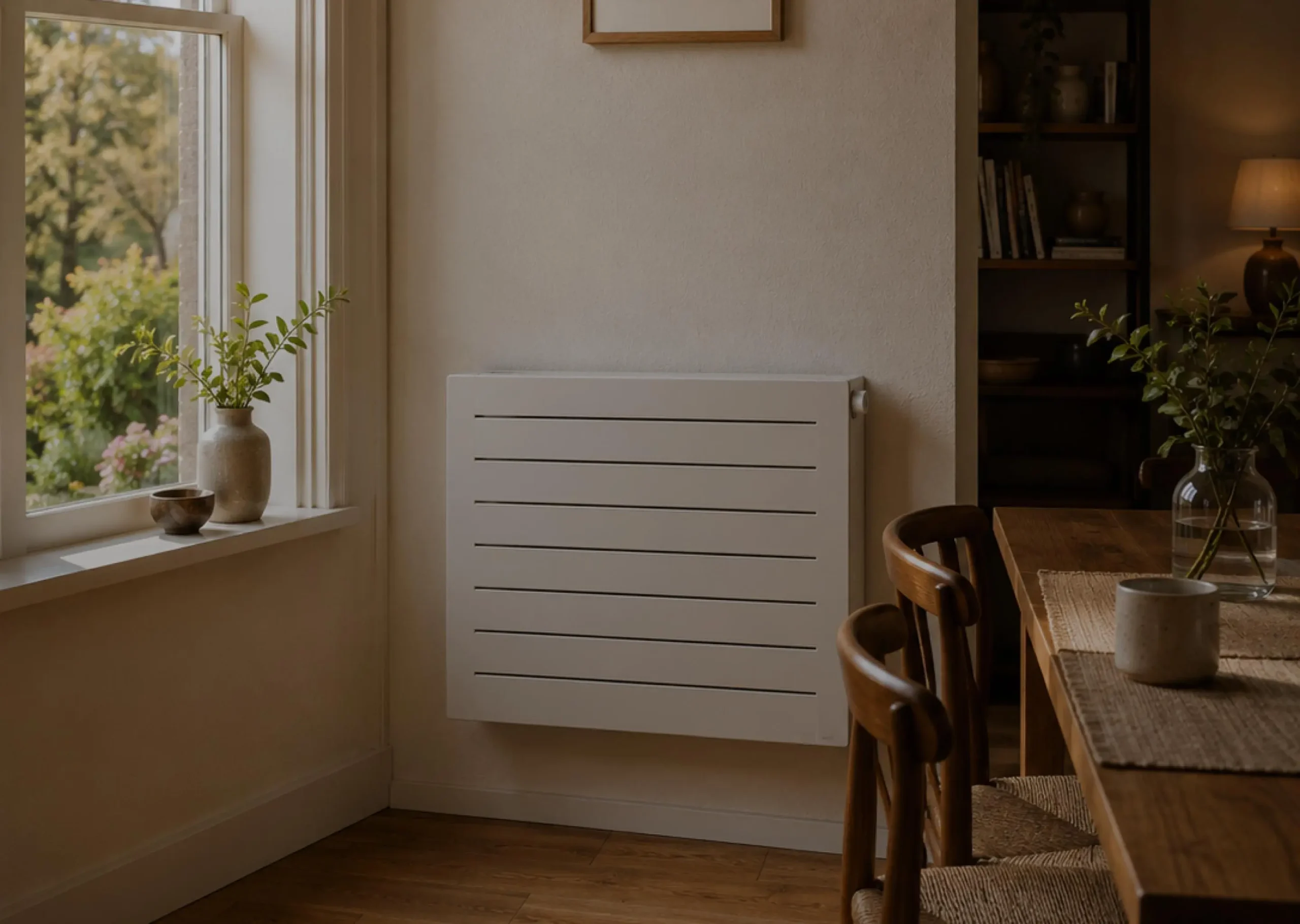 Radiateur électrique haute performance installé dans une salle à manger au design moderne