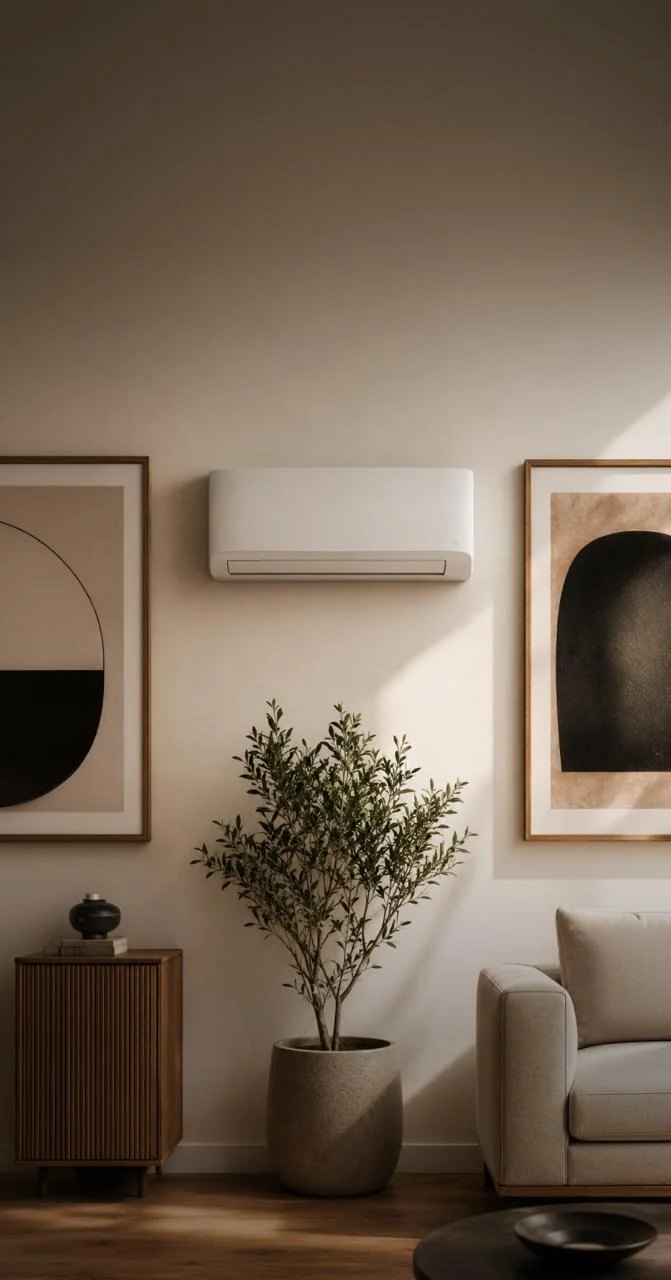 Installation discrète et esthétique de système énergétique dans un salon blanc