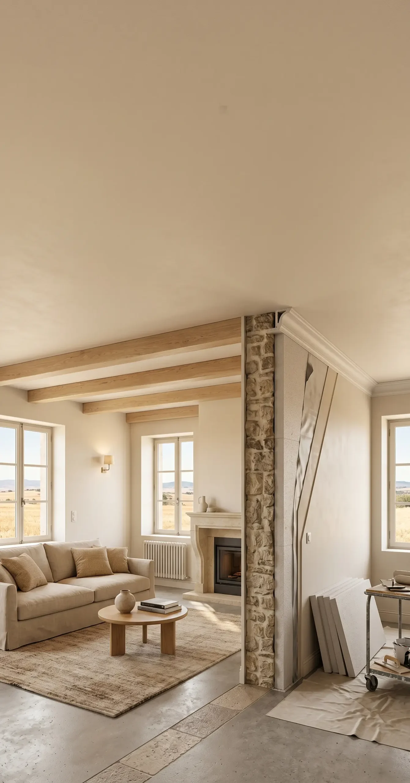 Chantier d'isolation thermique intérieure dans le salon d'une maison en pierre avec plaques posées