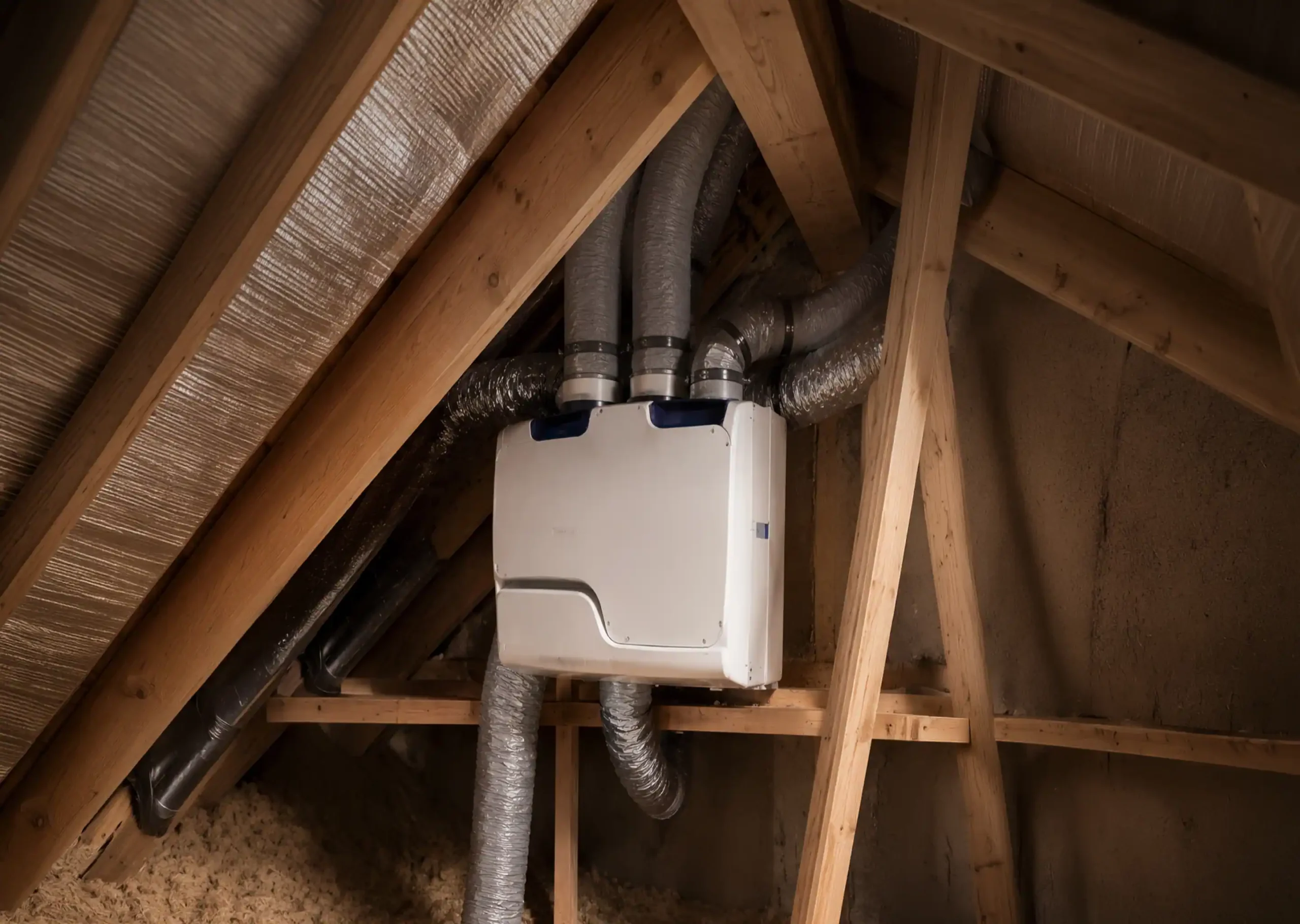 Système de VMC installé dans un grenier pour la rénovation de la ventilation du logement