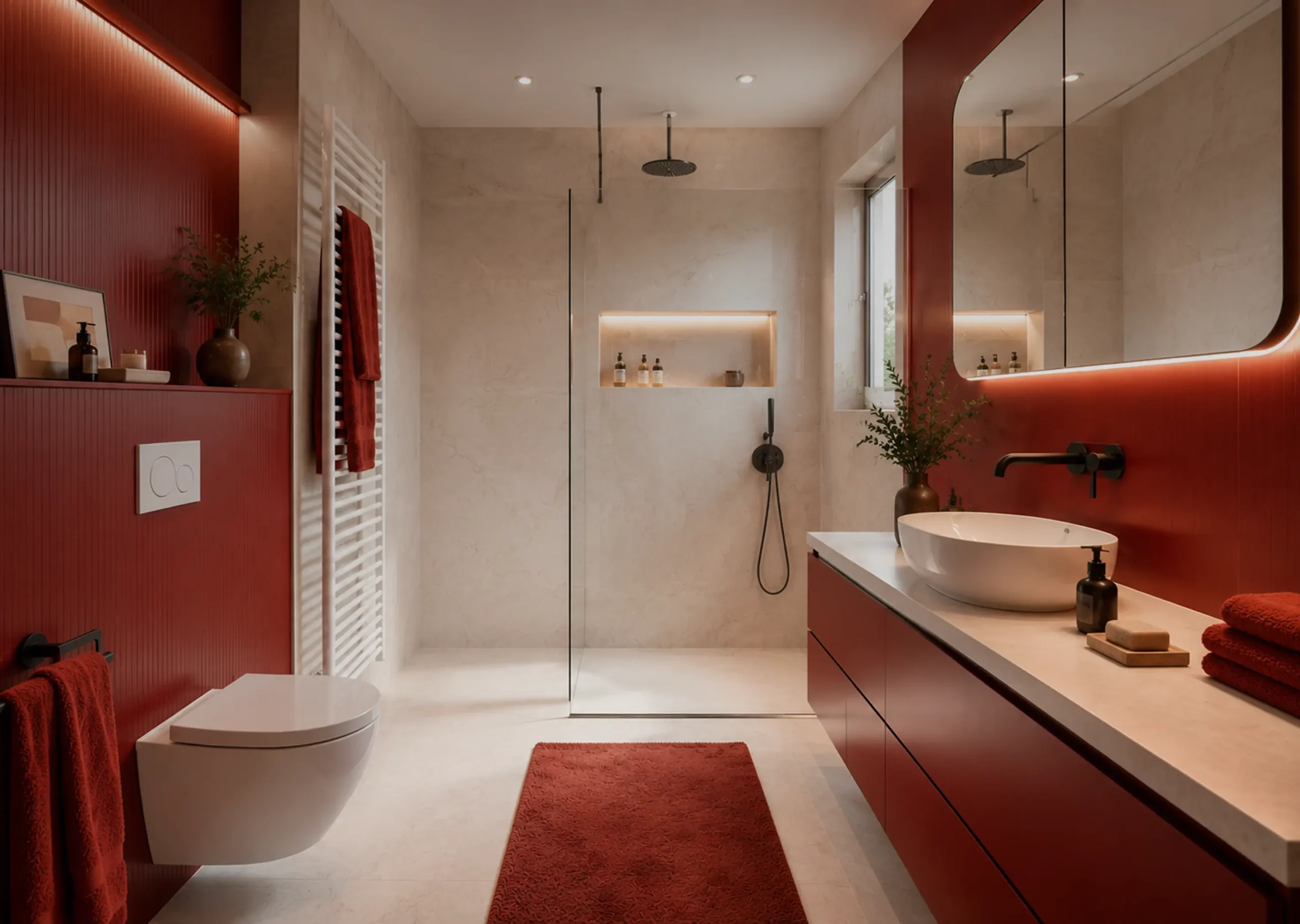 Salle de bain rénovée en rouge