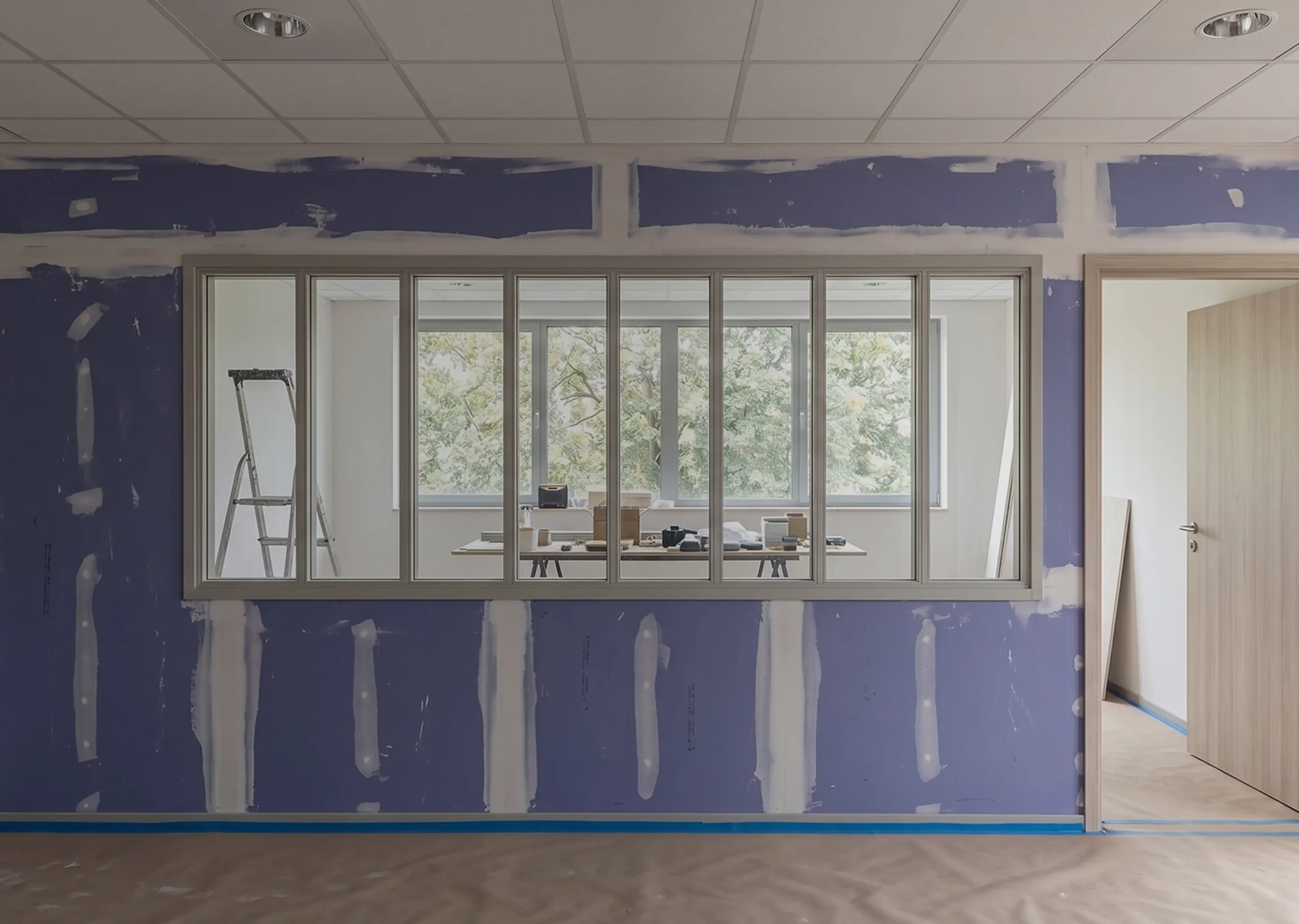 Cloison de bureau en cours de rénovation avec des plaques de plâtre bleues et des joints frais autour d'une verrière intérieure.