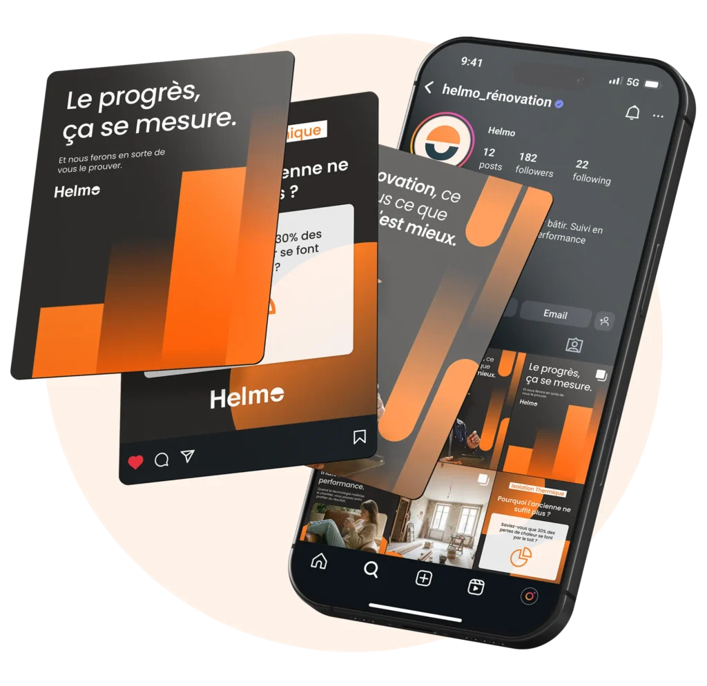 Smartphone affichant le compte Instagram officiel et les publications de la start-up Helmo Rénovation.