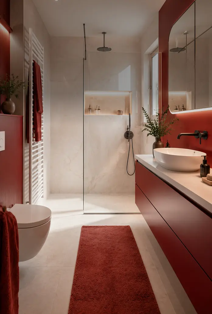 Salle de bain rénovée en rouge