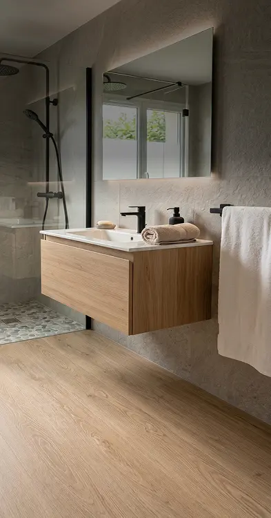 Salle de bain claire avec une douche à l'italienne