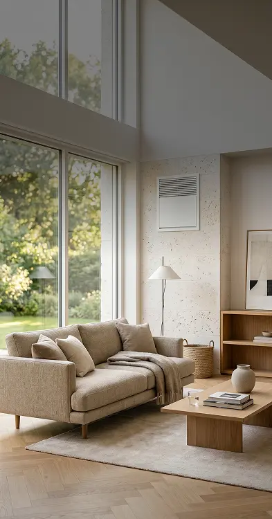 Installation d'un système VMC dans un salon moderne avec baie vitrée
