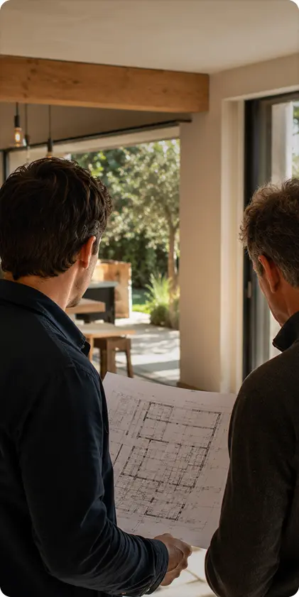 Deux architectes ou artisans de dos étudiant un plan de maison en papier dans une pièce en cours de rénovation.