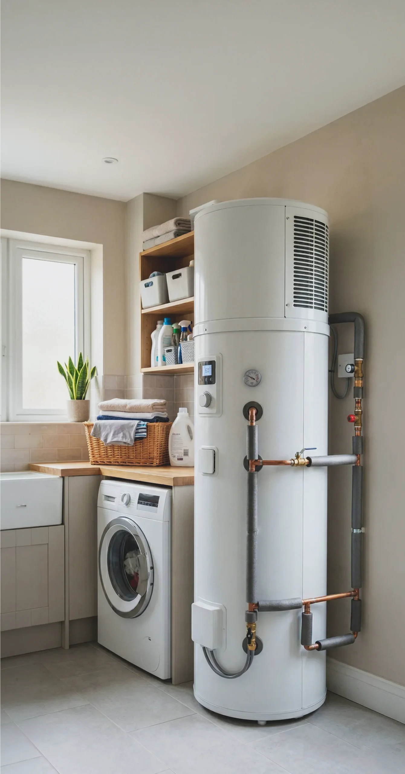 Installation d'un chauffe-eau performant à côté d'une machine à laver dans une buanderie