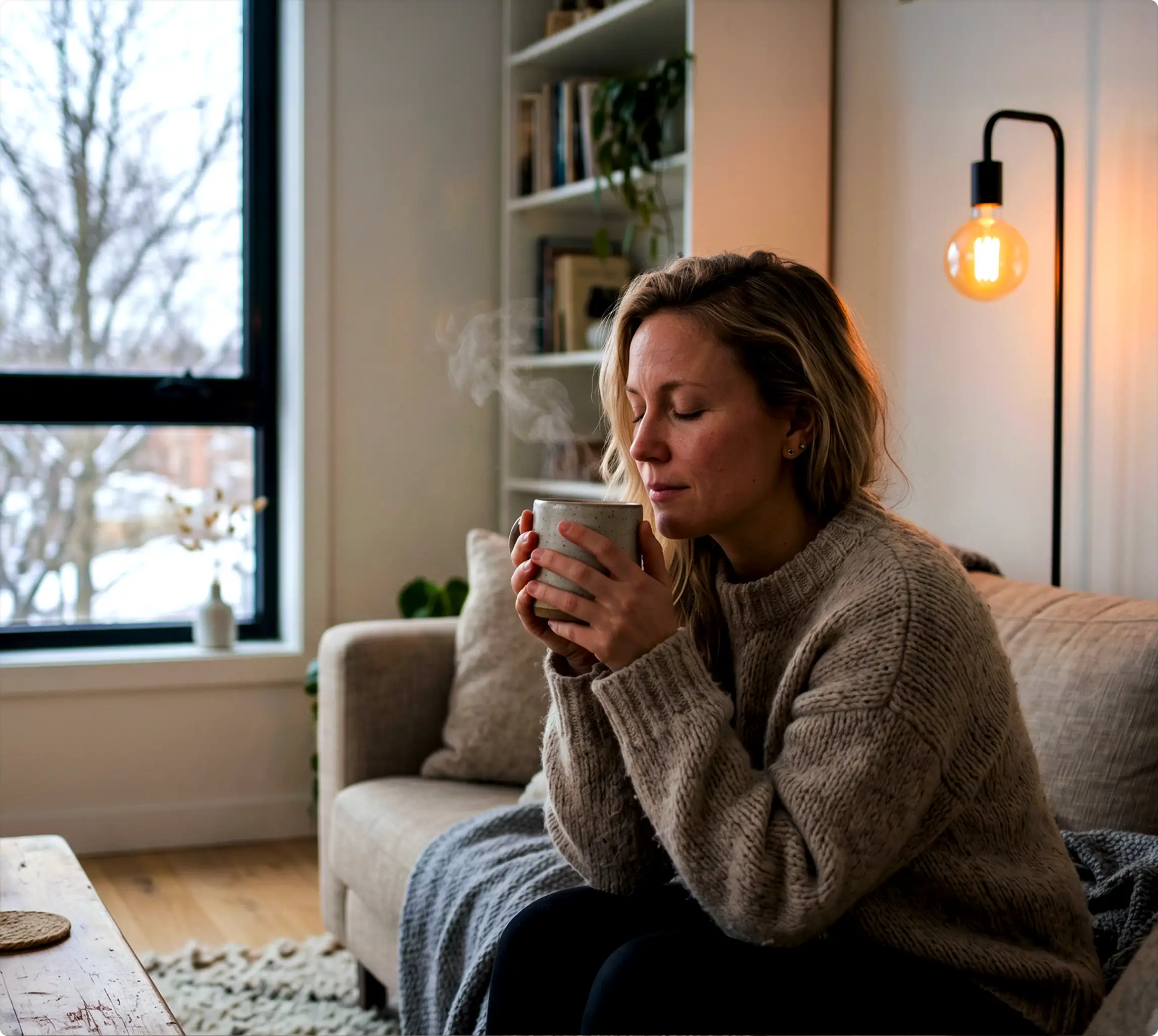 Femme profitant du confort d'un salon bien isolé et chauffé en hiver près d'une fenêtre double vitrage