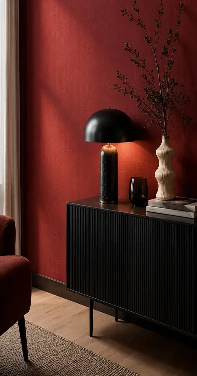 Aménagement intérieur élégant avec décoration rouge et lampe design
