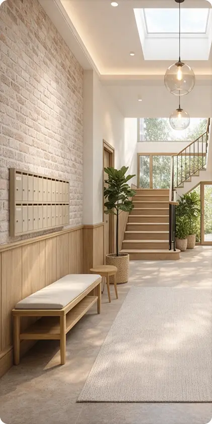 Hall d'entrée d'un immeuble contemporain avec un mur en briques claires, des boîtes aux lettres beige, un banc en bois et un escalier en arrière-plan