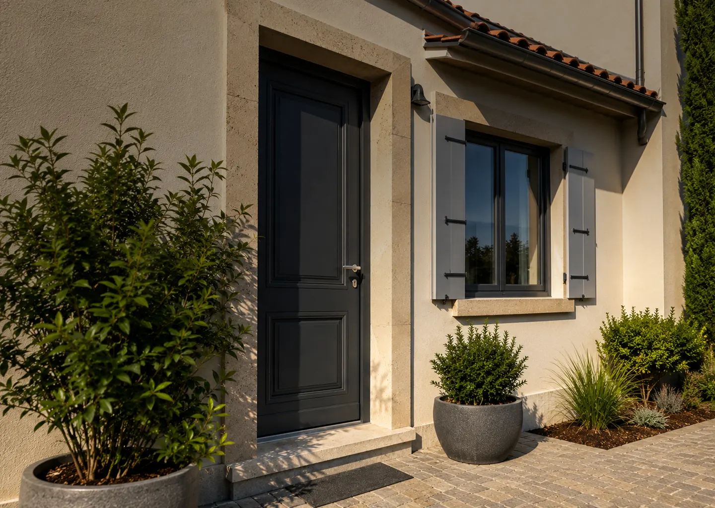 Porte d'entrée extérieure noire installée sur une façade de maison beige réhabilitée