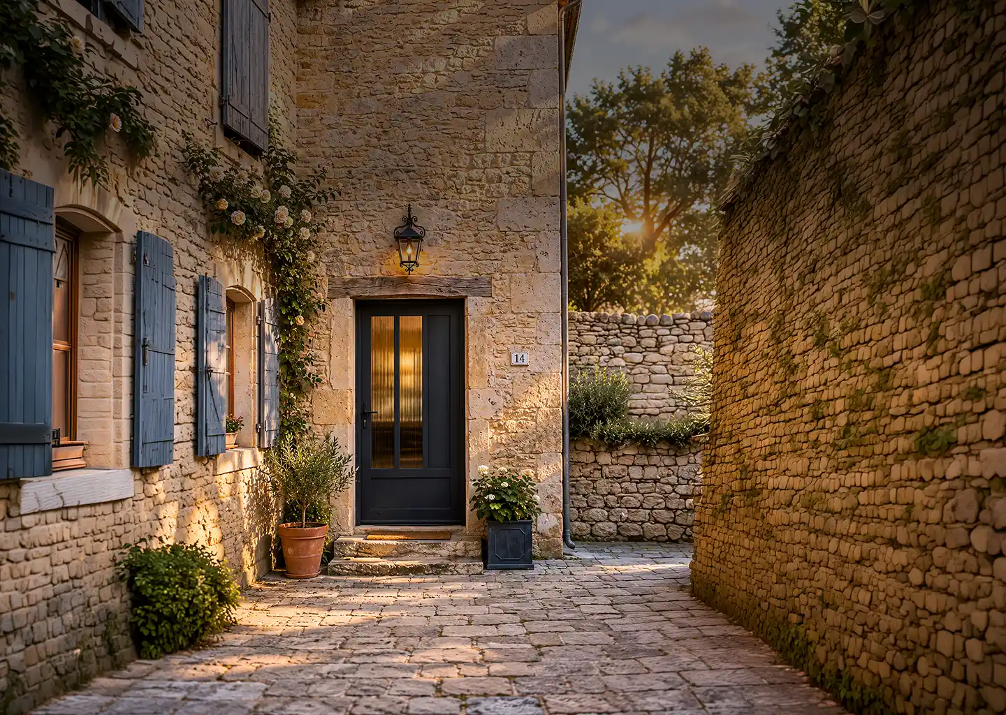 Porte d'entrée noire haute performance énergétique sur maison en briques