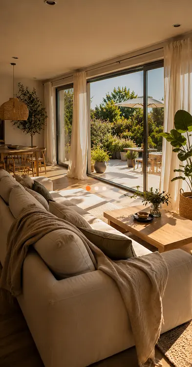 Rénovation d'un salon lumineux en bois avec grande baie vitrée