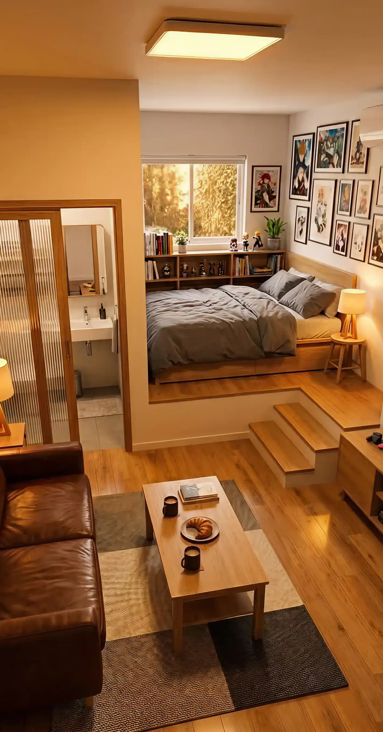 Aménagement intérieur en bois chaleureux et isolation thermique de studio