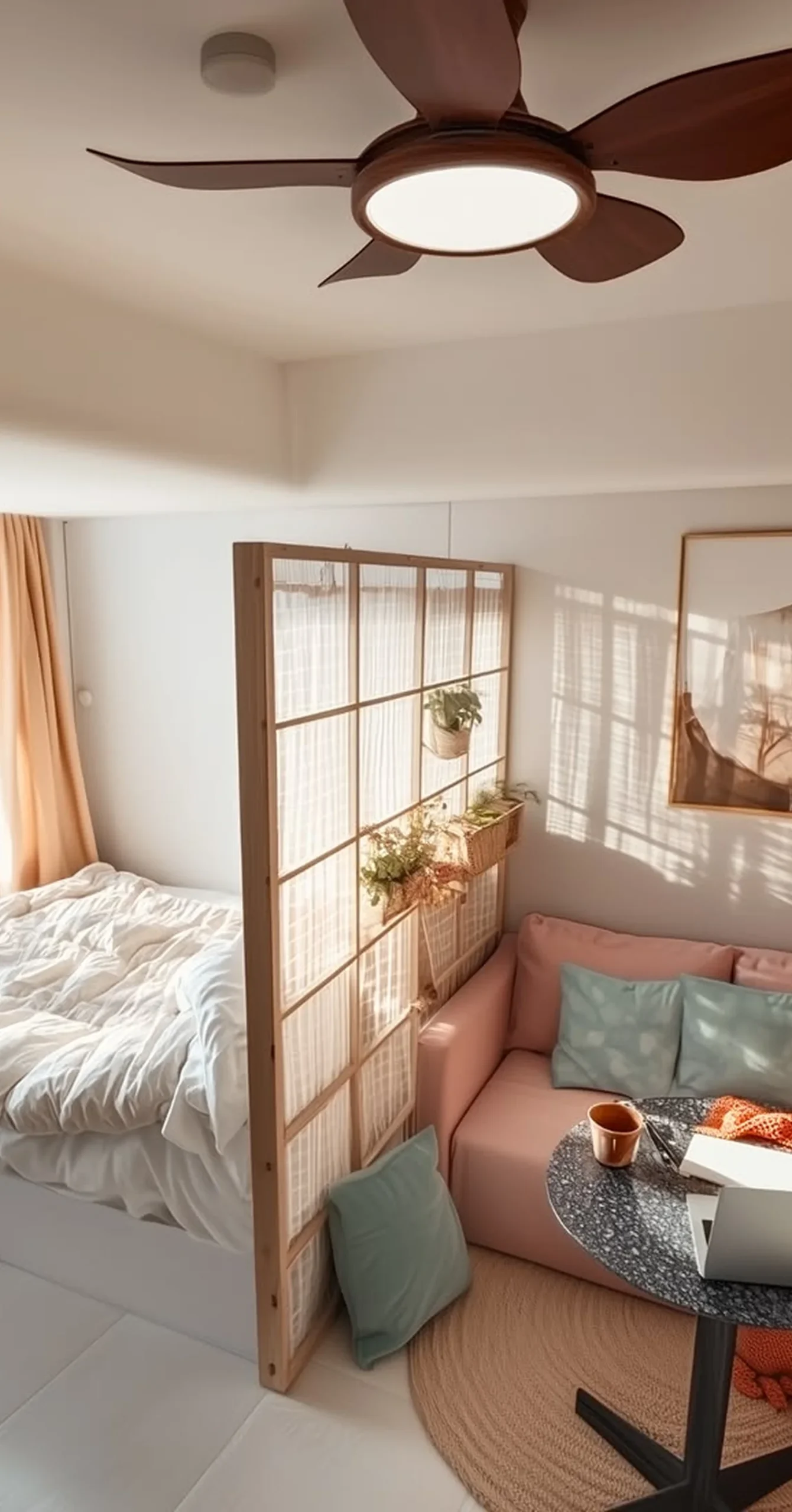 Rénovation de studio avec salon et chambre aux tons harmonieux